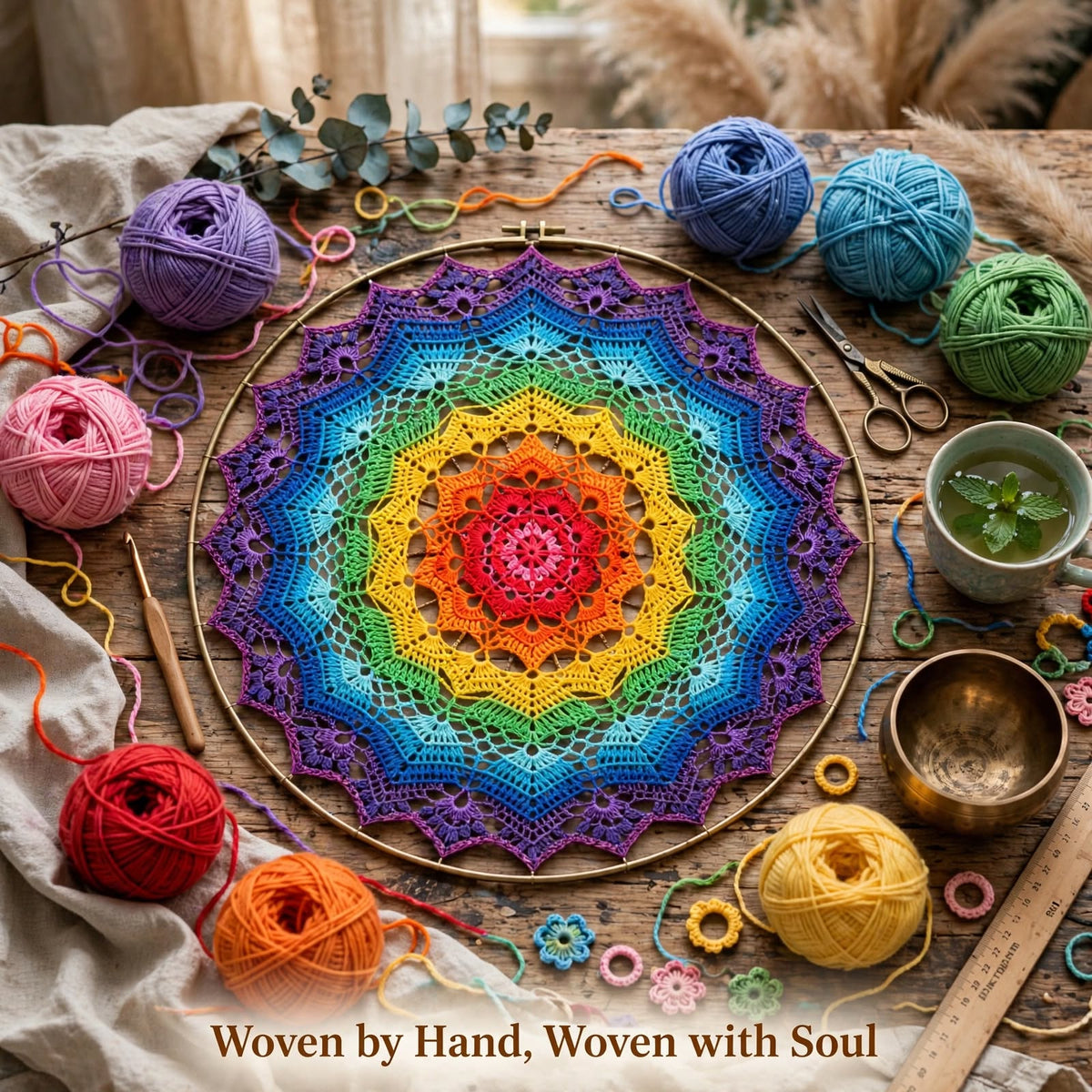 Handmade Crochet Rainbow Mandala Wall Hanging – Colorful Woven Design