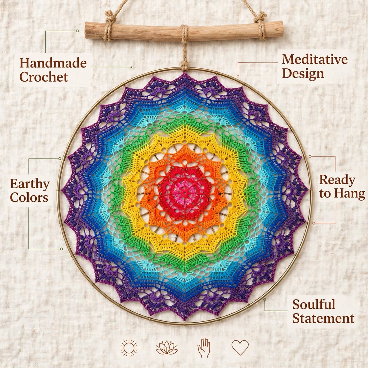 Handmade Crochet Rainbow Mandala Wall Hanging – Colorful Woven Design