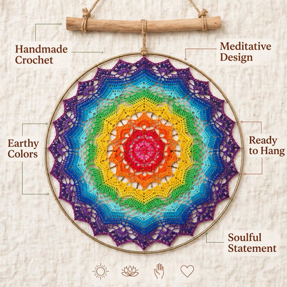 Handmade Crochet Rainbow Mandala Wall Hanging – Colorful Woven Design