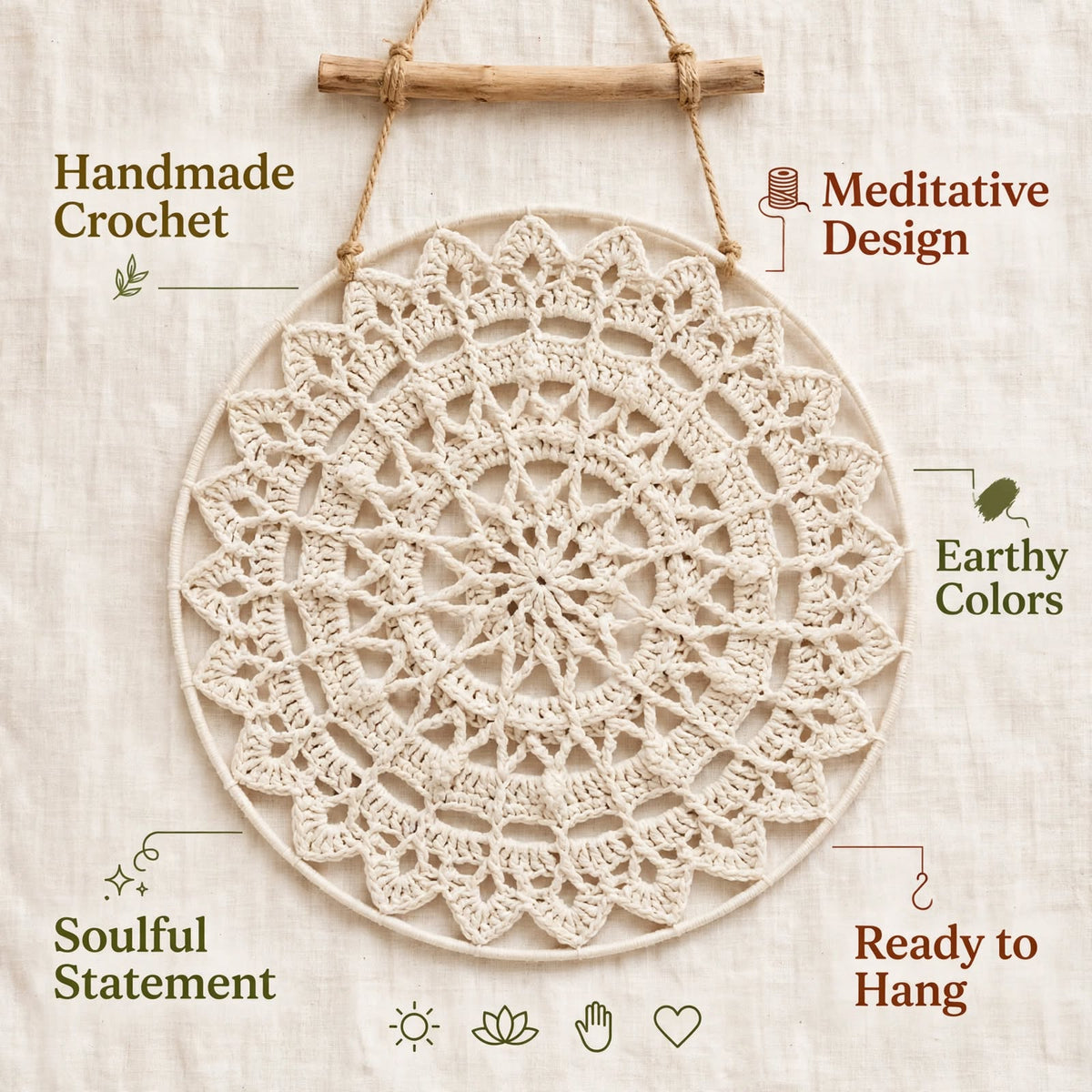 Handmade Crochet Woven Mandala Wall Hanging – Simple Cream Petal Design