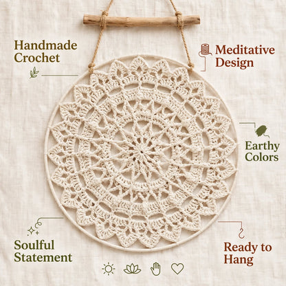 Handmade Crochet Woven Mandala Wall Hanging – Simple Cream Petal Design