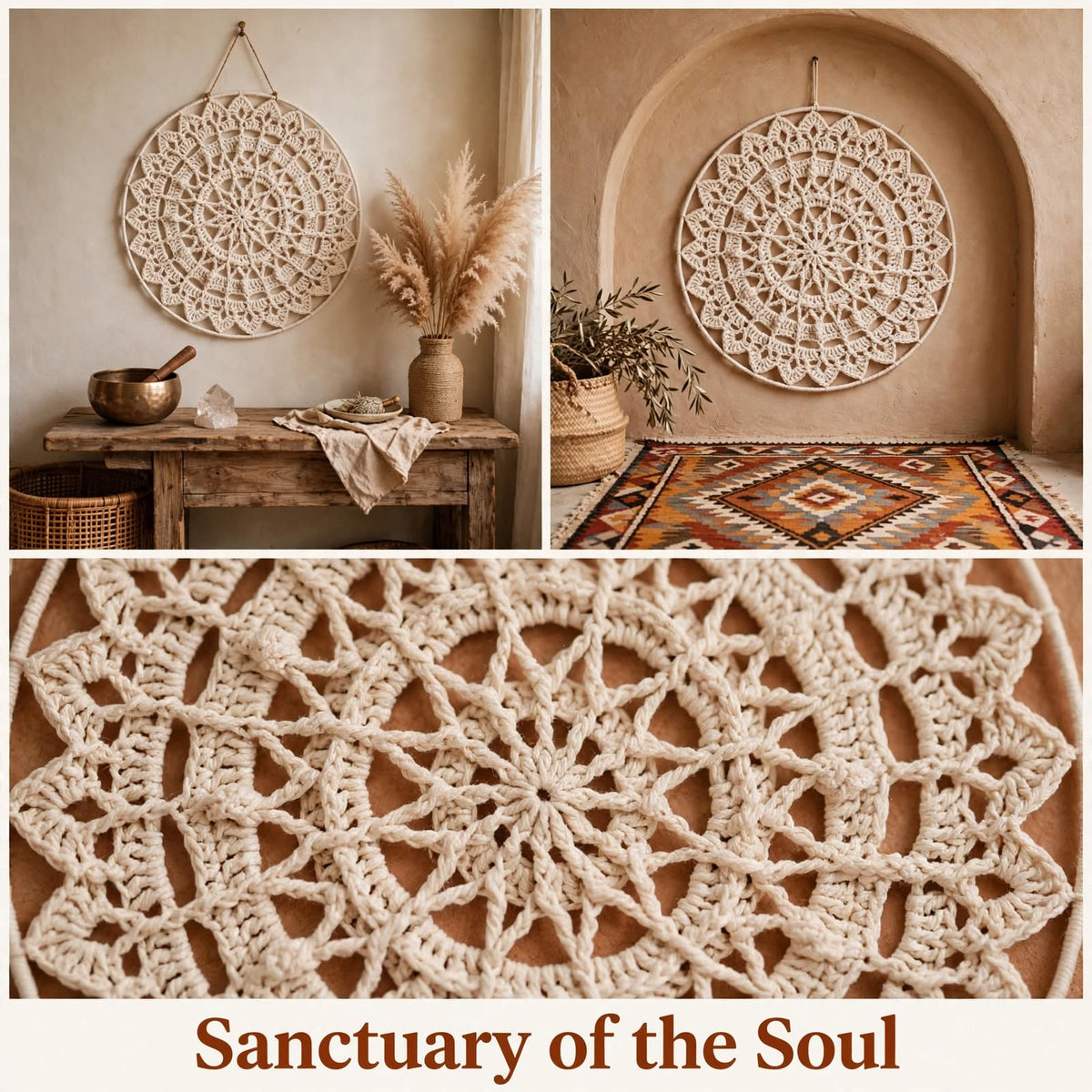 Handmade Crochet Woven Mandala Wall Hanging – Simple Cream Petal Design