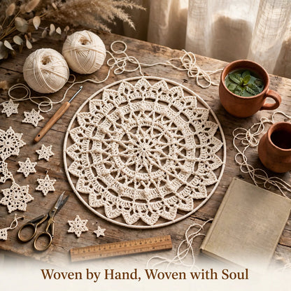 Handmade Crochet Woven Mandala Wall Hanging – Simple Cream Petal Design