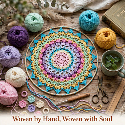 Handmade Crochet Woven Mandala Wall Hanging – Dark Sky Blue Small Petal Design