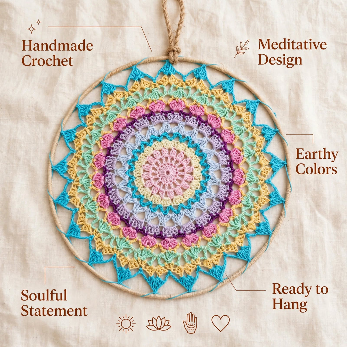Handmade Crochet Woven Mandala Wall Hanging – Dark Sky Blue Small Petal Design