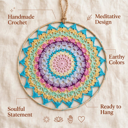 Handmade Crochet Woven Mandala Wall Hanging – Dark Sky Blue Small Petal Design