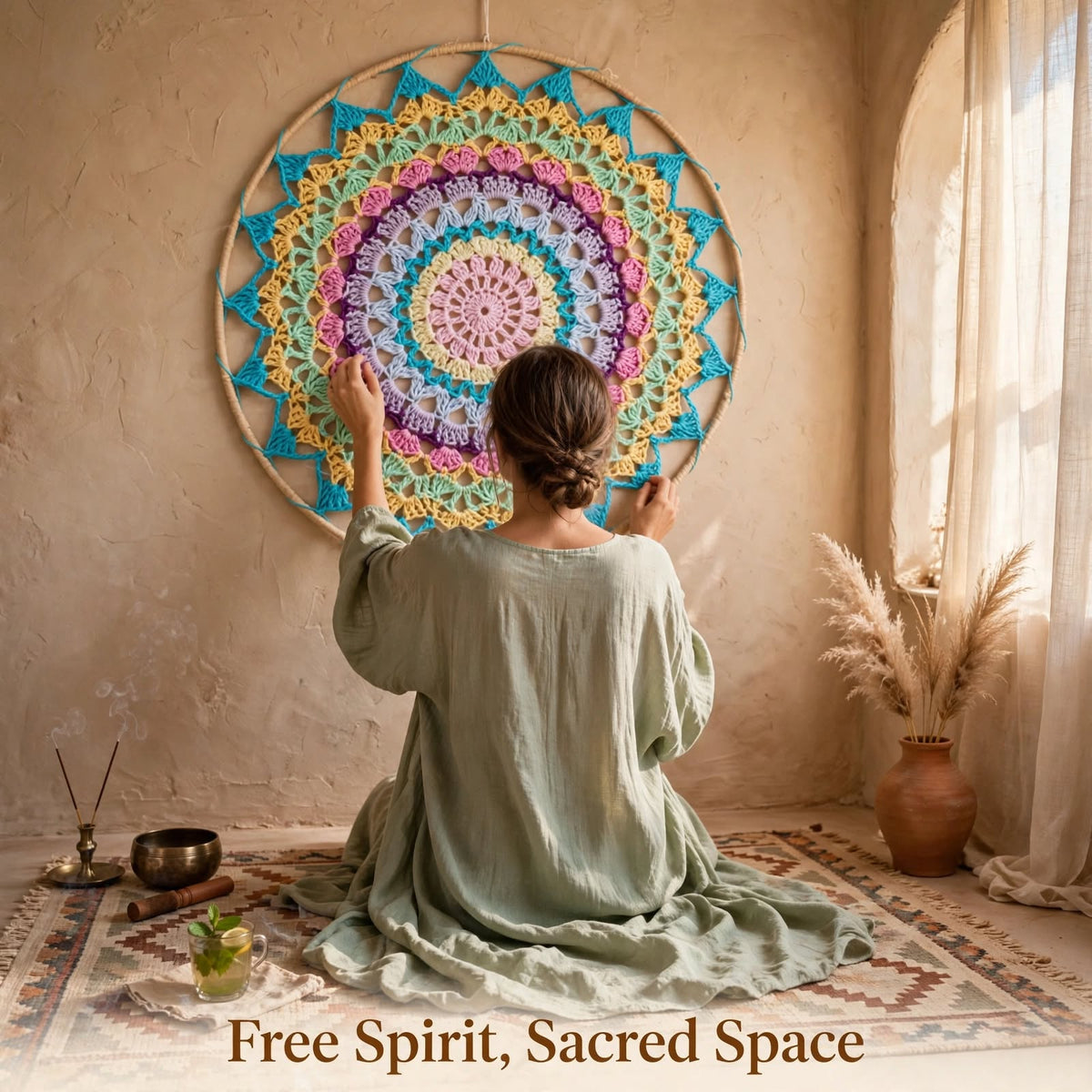 Handmade Crochet Woven Mandala Wall Hanging – Dark Sky Blue Small Petal Design