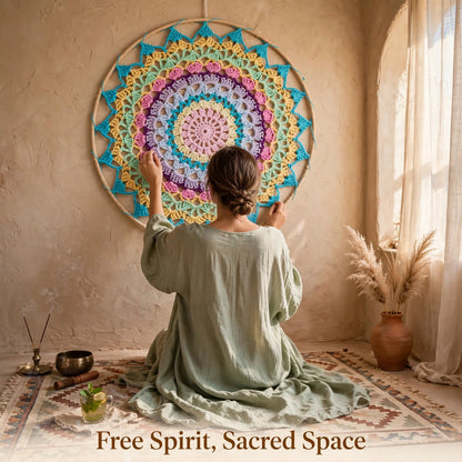 Handmade Crochet Woven Mandala Wall Hanging – Dark Sky Blue Small Petal Design
