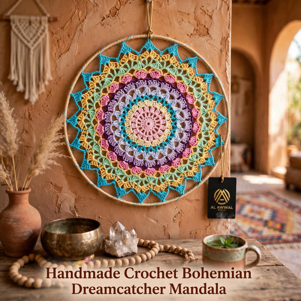 Handmade Crochet Woven Mandala Wall Hanging – Dark Sky Blue Small Petal Design
