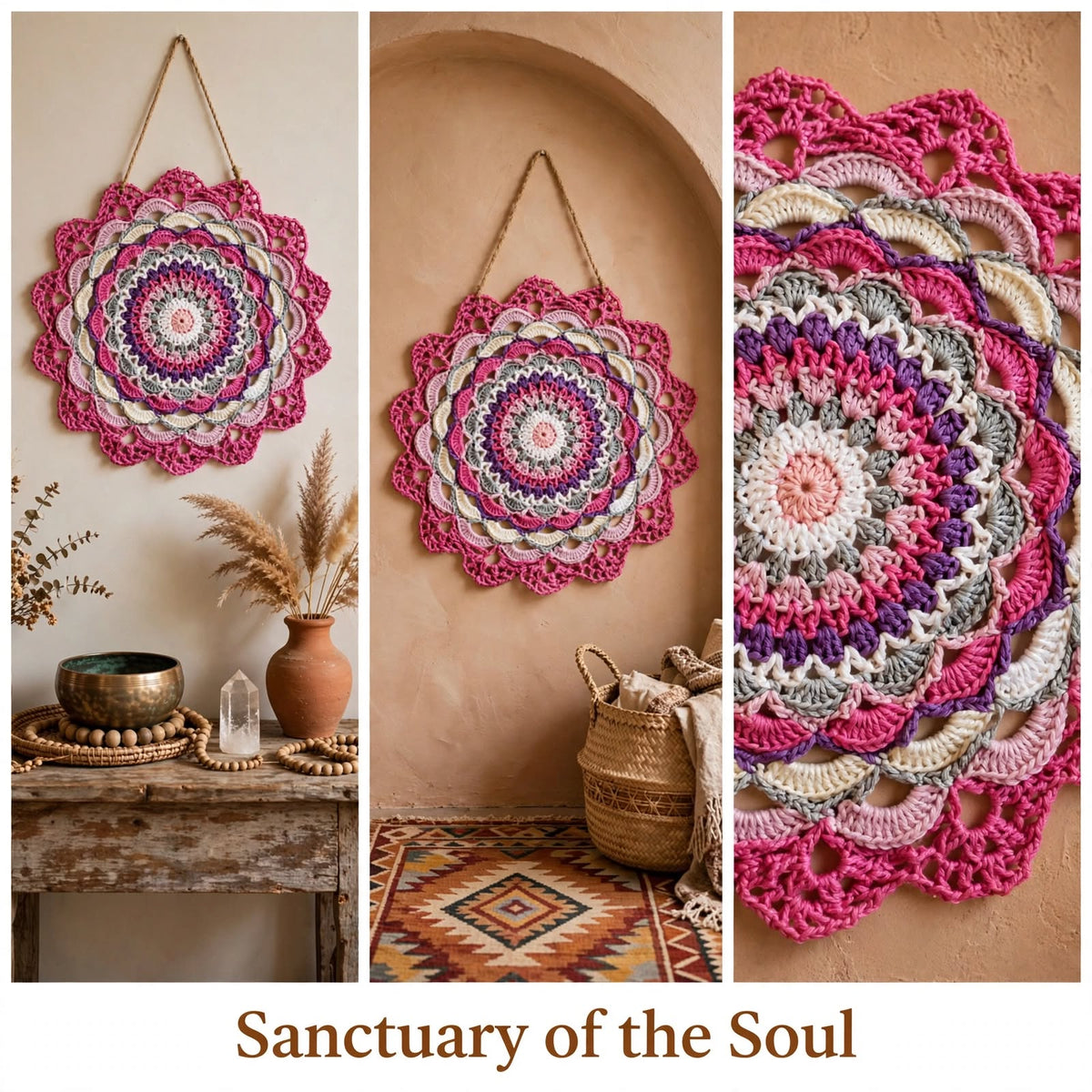 Handmade Crochet Woven Mandala Wall Hanging – Dark Pink Petal Design