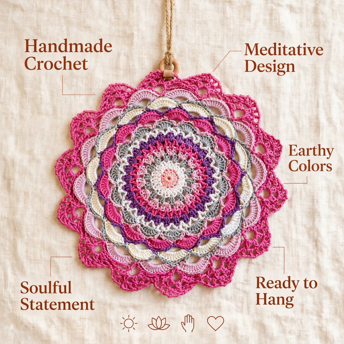 Handmade Crochet Woven Mandala Wall Hanging – Dark Pink Petal Design