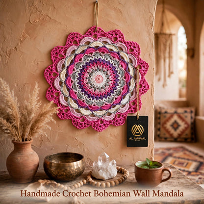 Handmade Crochet Woven Mandala Wall Hanging – Dark Pink Petal Design