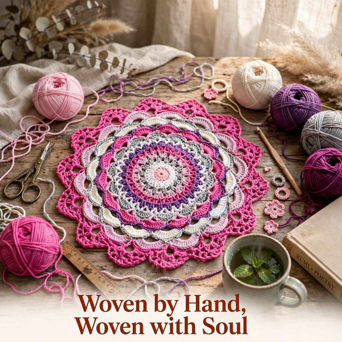 Handmade Crochet Woven Mandala Wall Hanging – Dark Pink Petal Design