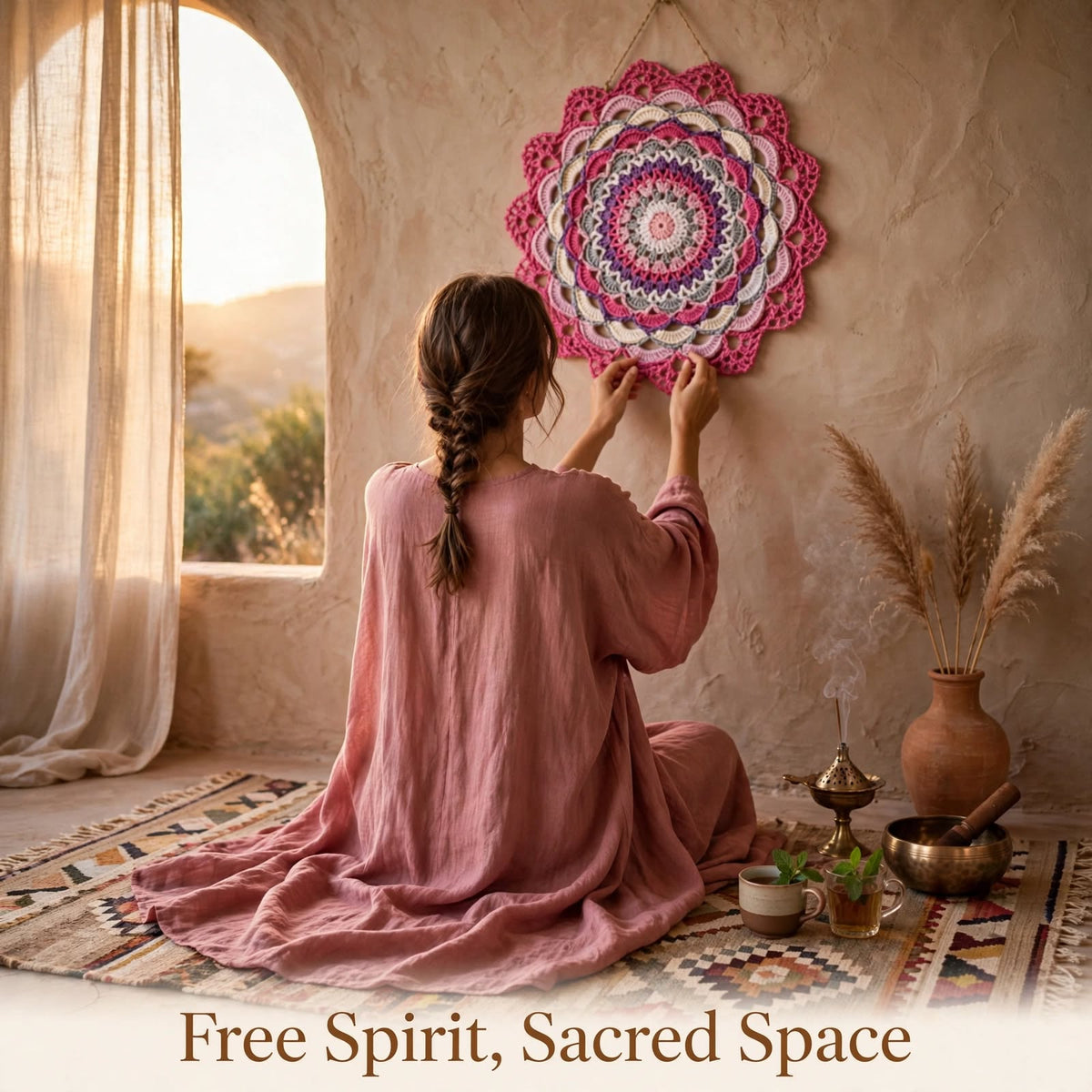 Handmade Crochet Woven Mandala Wall Hanging – Dark Pink Petal Design