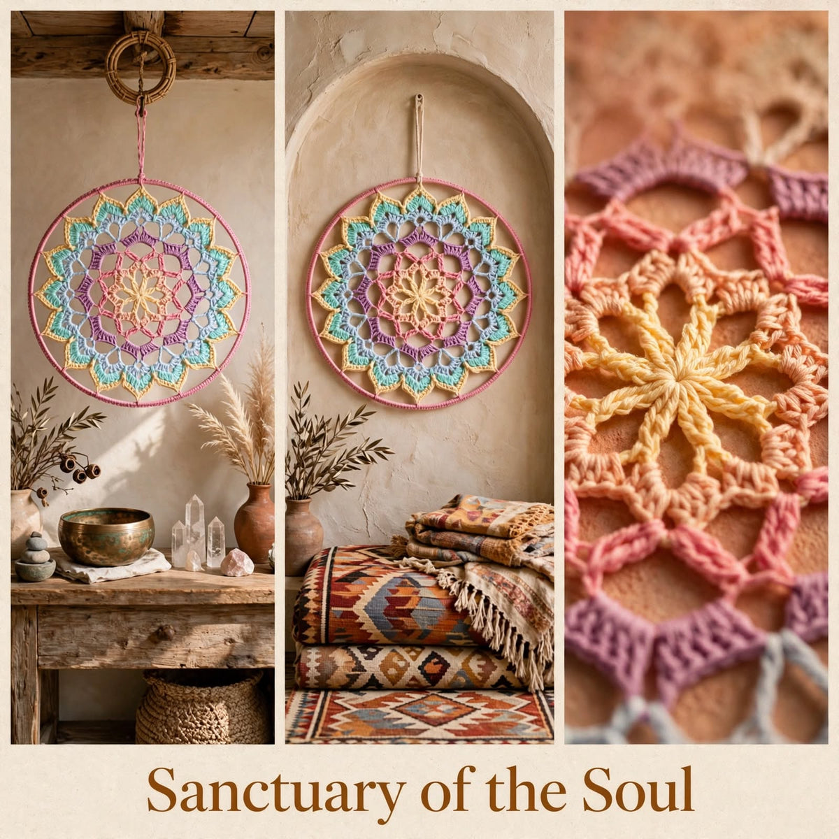 Handmade Crochet Woven Mandala Wall Hanging – Sky Blue & Cream Petal Edge
