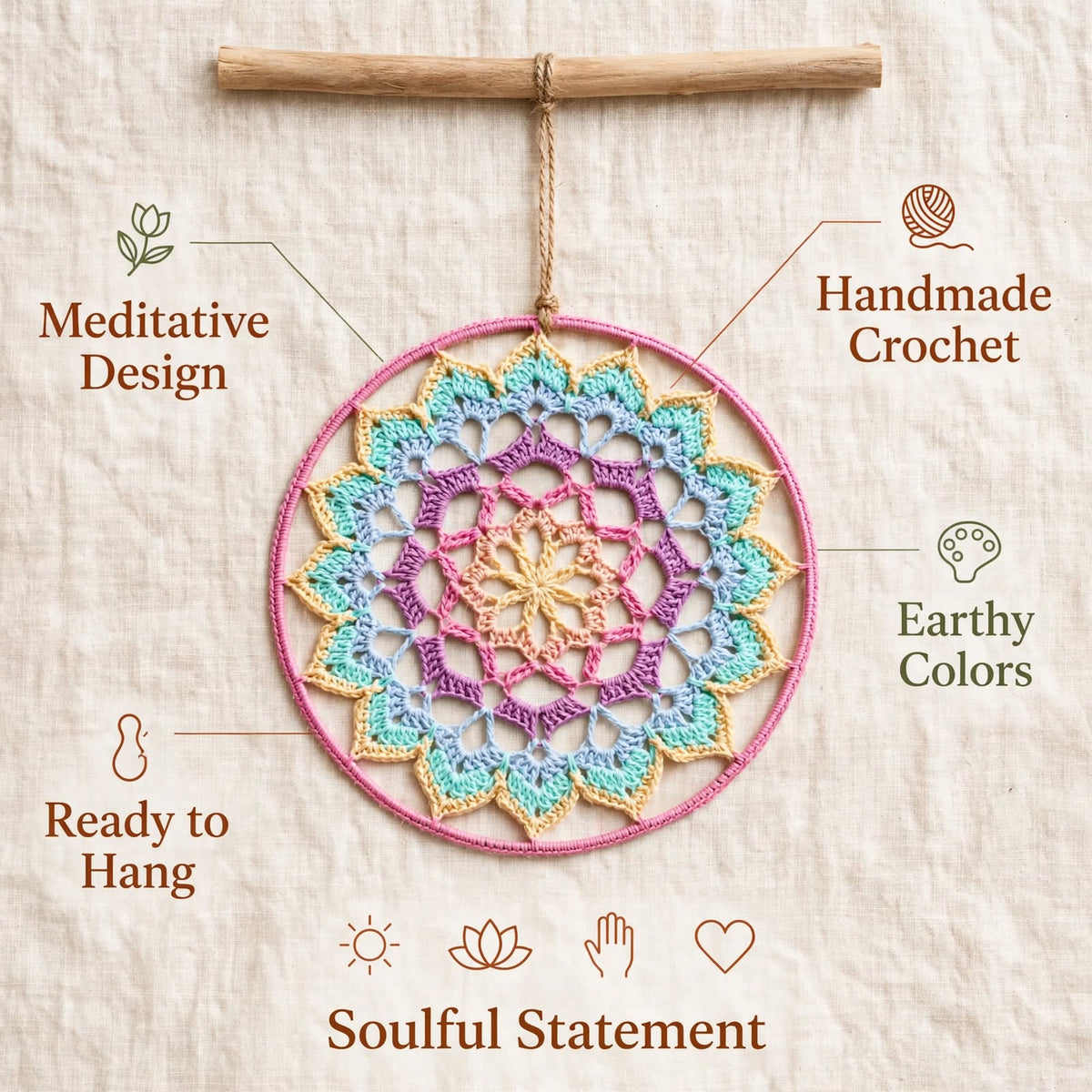 Handmade Crochet Woven Mandala Wall Hanging – Sky Blue & Cream Petal Edge
