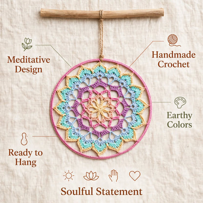 Handmade Crochet Woven Mandala Wall Hanging – Sky Blue & Cream Petal Edge