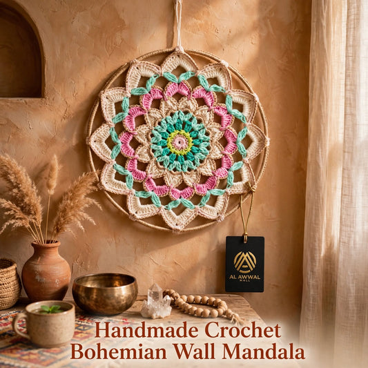 Handmade Crochet Woven Mandala Wall Hanging – Light Colors & Petal Edge