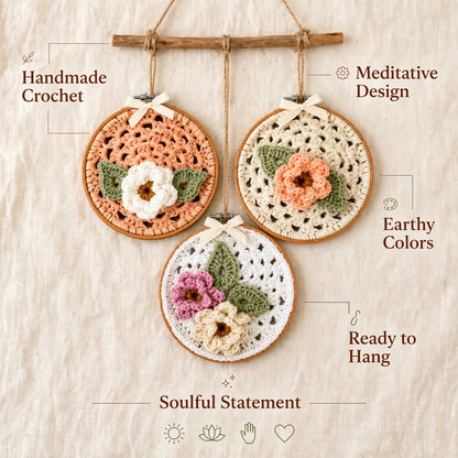 Handmade Crochet 3-Piece Floral Wall Hanging – Peach, Cream & White Round Design