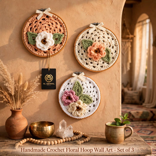 Handmade Crochet 3-Piece Floral Wall Hanging – Peach, Cream & White Round Design