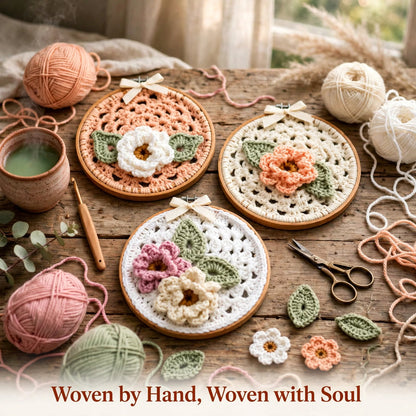 Handmade Crochet 3-Piece Floral Wall Hanging – Peach, Cream & White Round Design