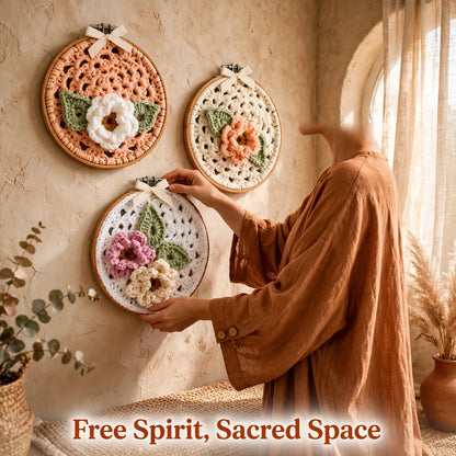 Handmade Crochet 3-Piece Floral Wall Hanging – Peach, Cream & White Round Design