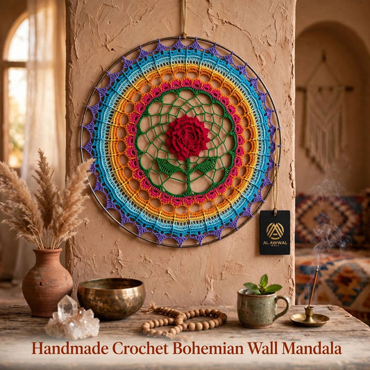 Handmade Crochet Floral Mandala Wall Hanging – Red Rose & Multicolor Woven Design
