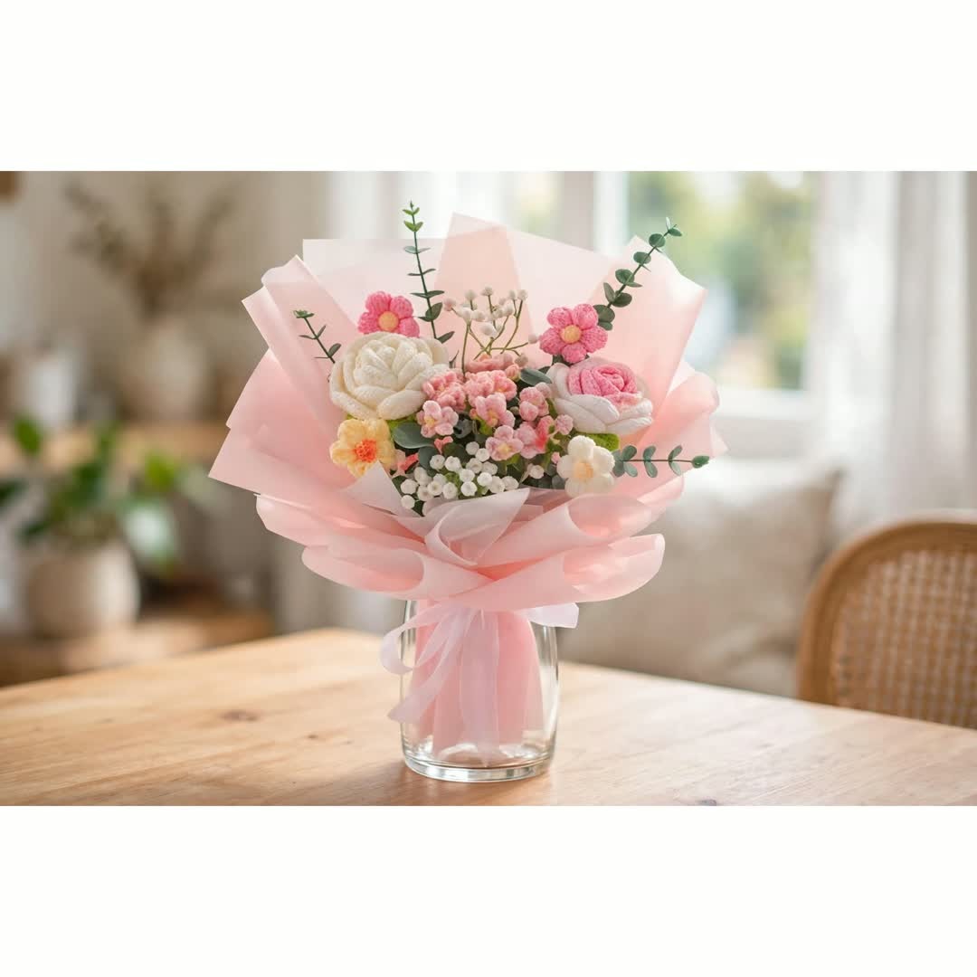 Handmade Crochet Flower Bouquet – Pink and White Floral Gift Arrangement