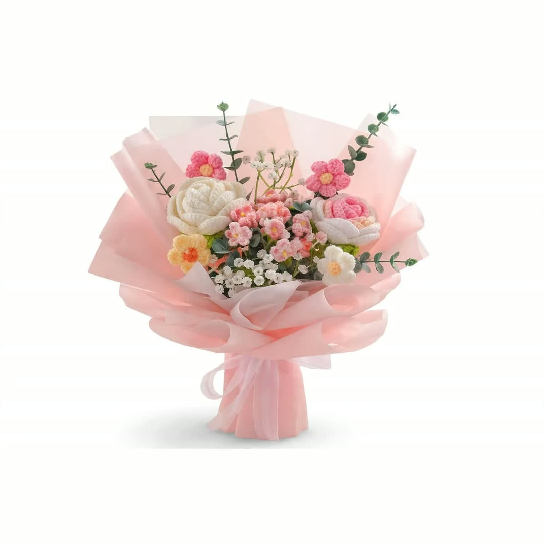 Handmade Crochet Flower Bouquet – Pink and White Floral Gift Arrangement