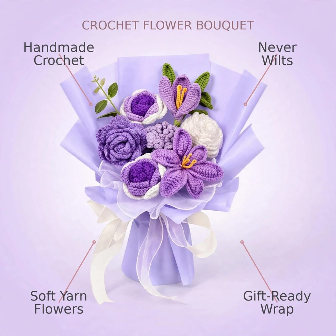 Handmade Crochet Purple Flower Bouquet – Violet Roses, Lavender & Crocus Flowers