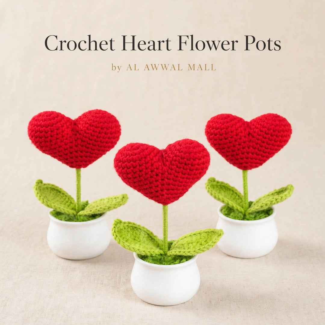 Handmade Crochet Red Heart-Shaped Flower in White Pot