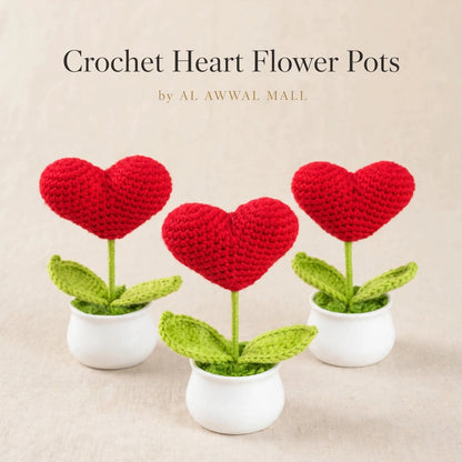 Handmade Crochet Red Heart-Shaped Flower in White Pot