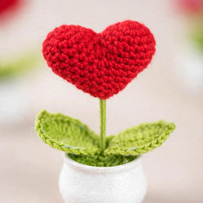 Handmade Crochet Red Heart-Shaped Flower in White Pot