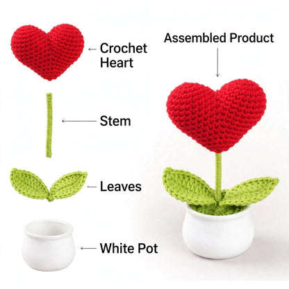 Handmade Crochet Red Heart-Shaped Flower in White Pot