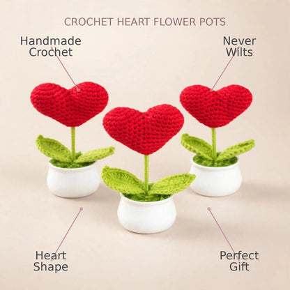 Handmade Crochet Red Heart-Shaped Flower in White Pot