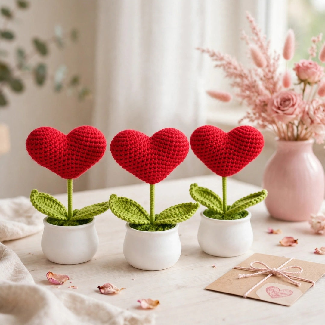 Handmade Crochet Red Heart-Shaped Flower in White Pot