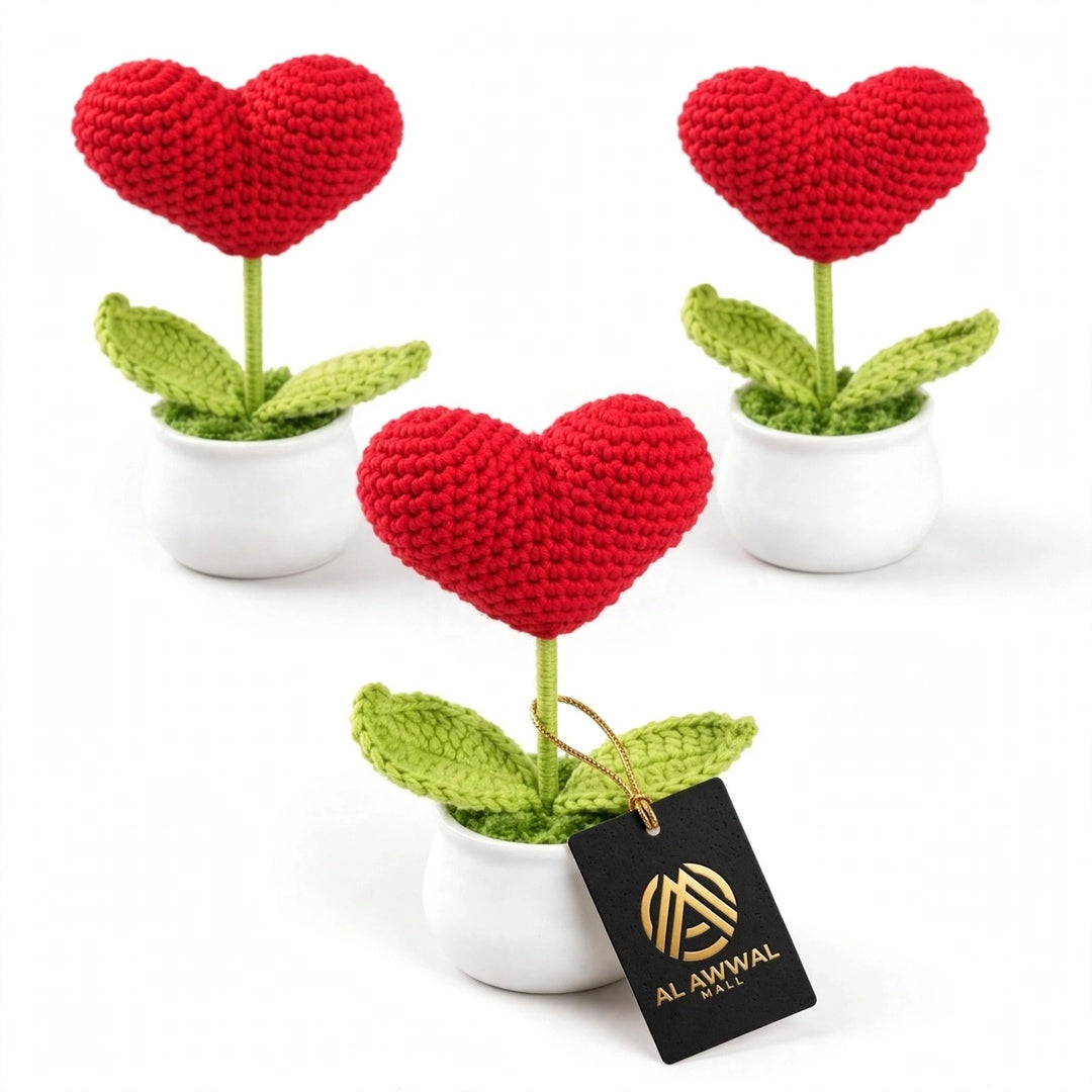 Handmade Crochet Red Heart-Shaped Flower in White Pot