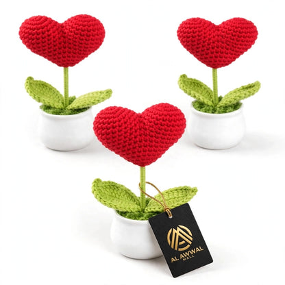 Handmade Crochet Red Heart-Shaped Flower in White Pot