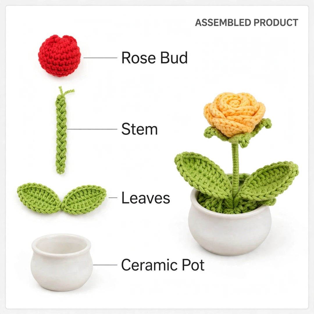 Handmade Crochet Rose Flower in a Pot – Different Colors Available