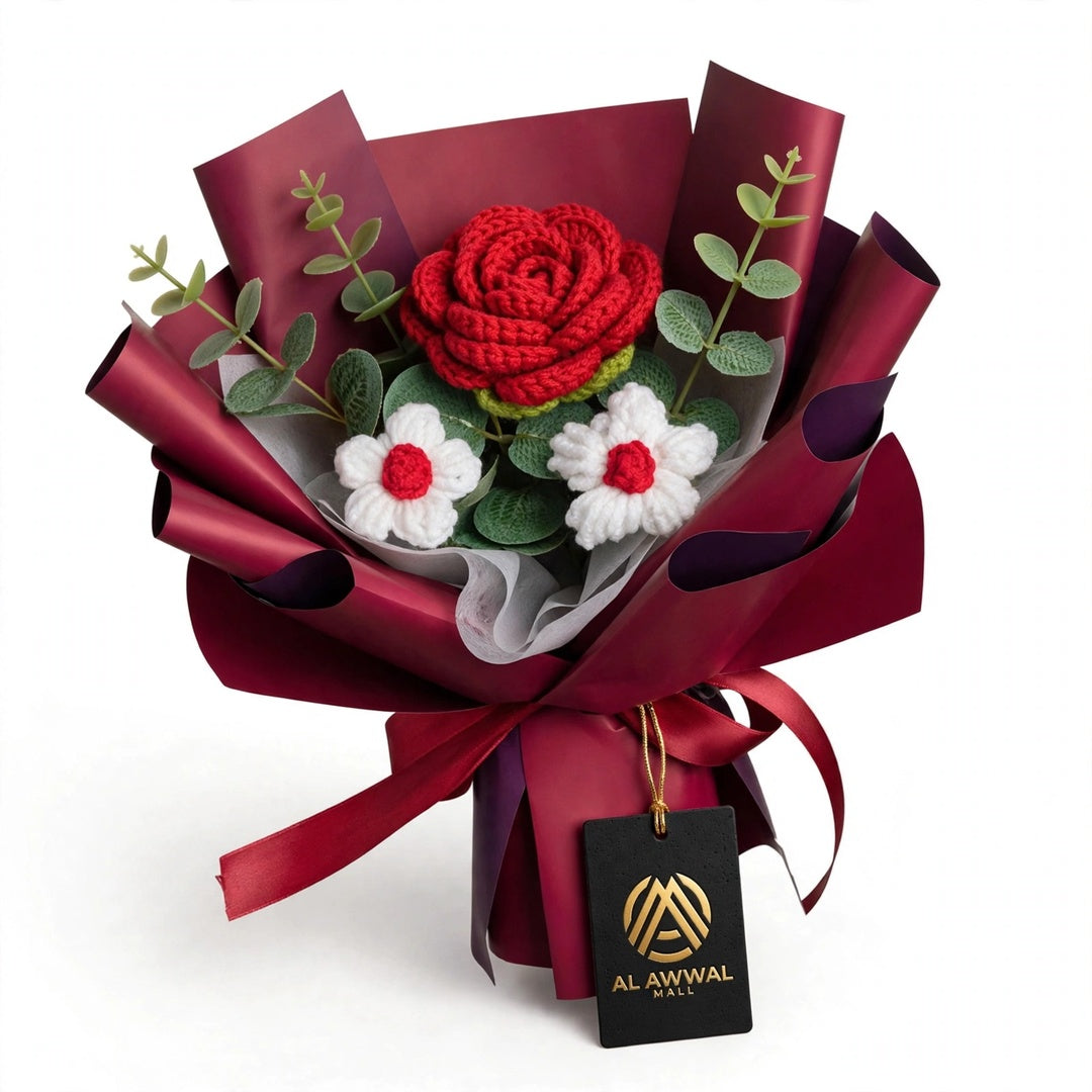 Handmade Crochet Flower Bouquet with Red Roses, Pom-Pom Flowers and White Daisies
