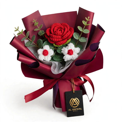 Handmade Crochet Flower Bouquet with Red Roses, Pom-Pom Flowers and White Daisies