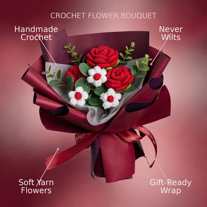 Handmade Crochet Flower Bouquet with Red Roses, Pom-Pom Flowers and White Daisies