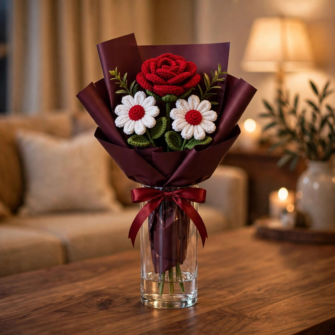 Handmade Crochet Flower Bouquet with Red Roses, Pom-Pom Flowers and White Daisies