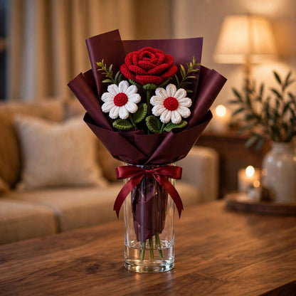 Handmade Crochet Flower Bouquet with Red Roses, Pom-Pom Flowers and White Daisies
