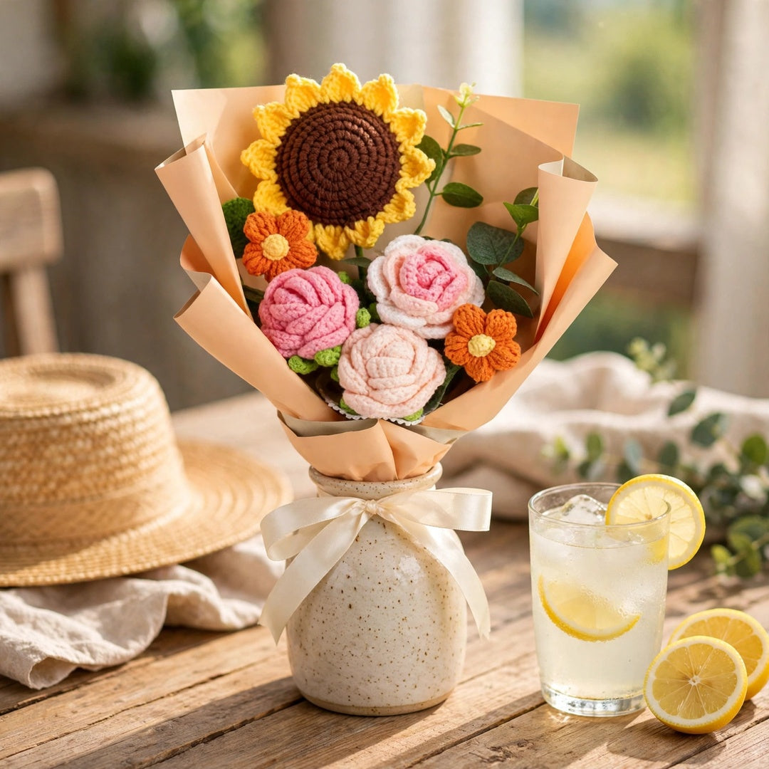Handmade Crochet Sunflower and Rose Bouquet with Mini Flowers
