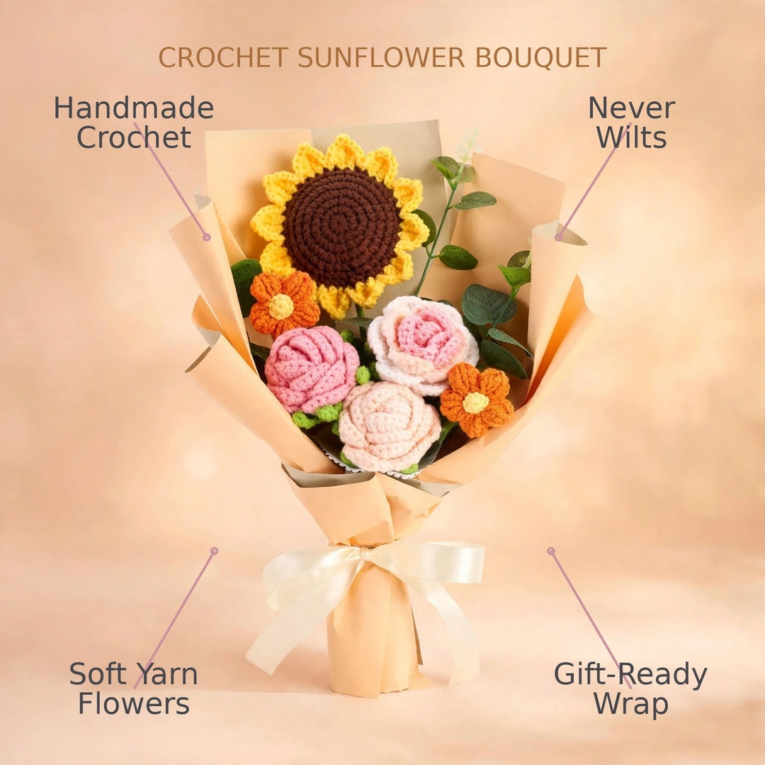 Handmade Crochet Sunflower and Rose Bouquet with Mini Flowers