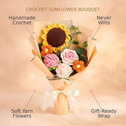 Handmade Crochet Sunflower and Rose Bouquet with Mini Flowers