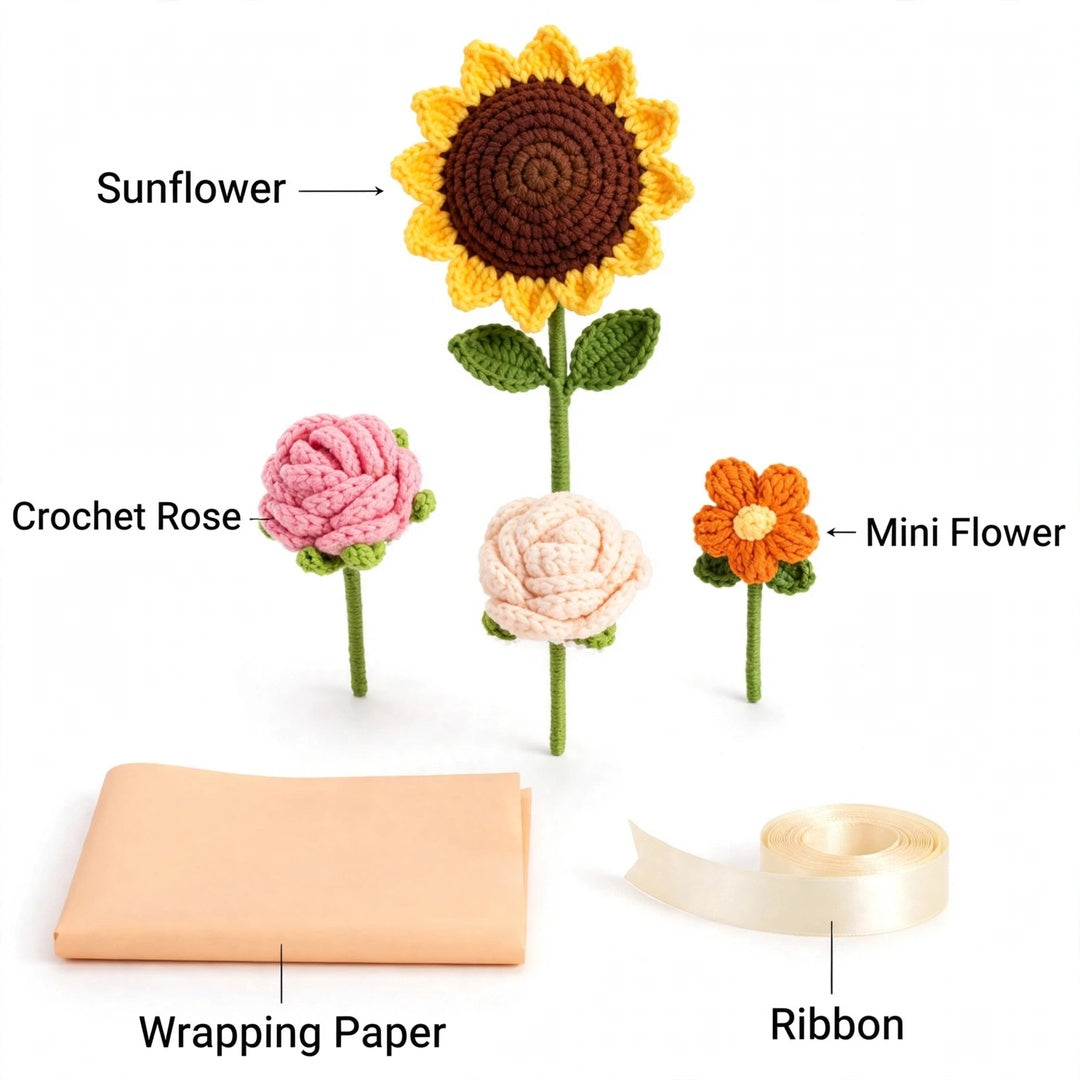 Handmade Crochet Sunflower and Rose Bouquet with Mini Flowers