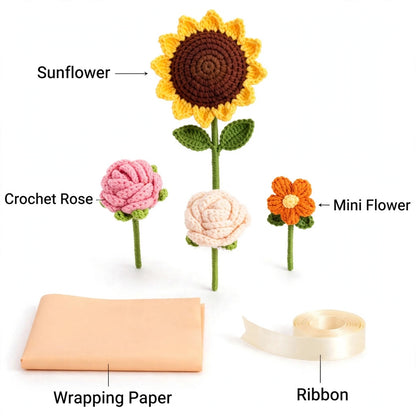 Handmade Crochet Sunflower and Rose Bouquet with Mini Flowers