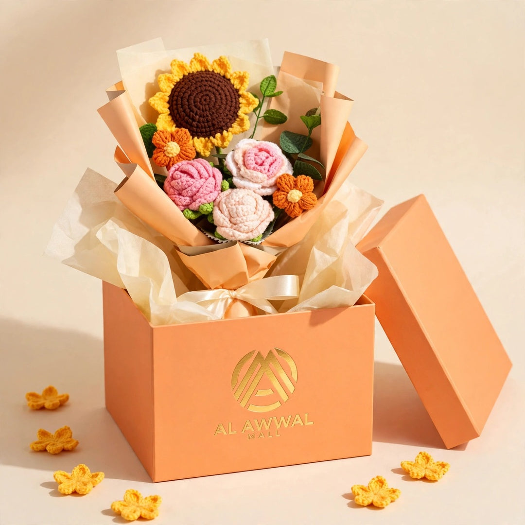 Handmade Crochet Sunflower and Rose Bouquet with Mini Flowers